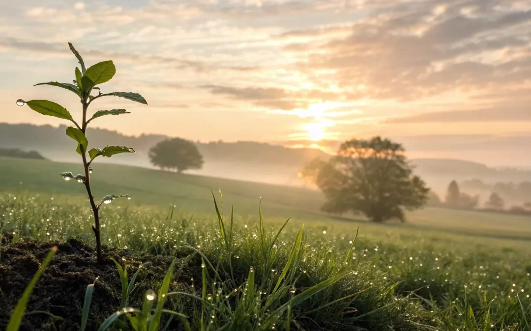 A young plant at sunrise, reflecting the promise in Bible verses to restore and rebuild.