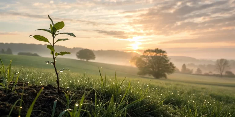 A young plant at sunrise, reflecting the promise in Bible verses to restore and rebuild.