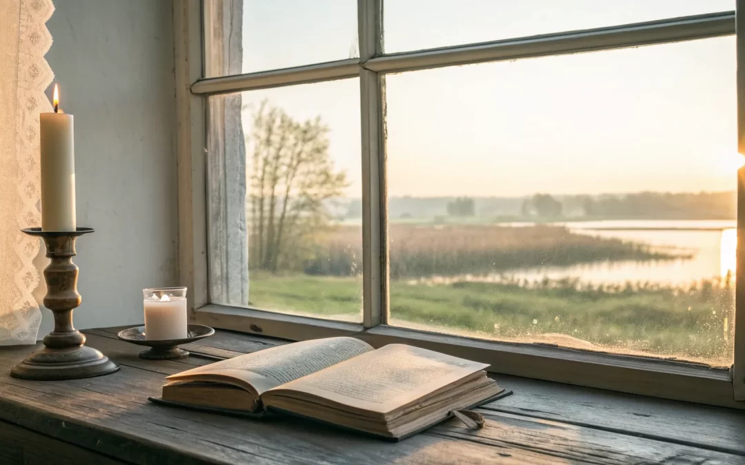 Open ACIM book showing one of the daily lessons on a table during a peaceful sunrise.