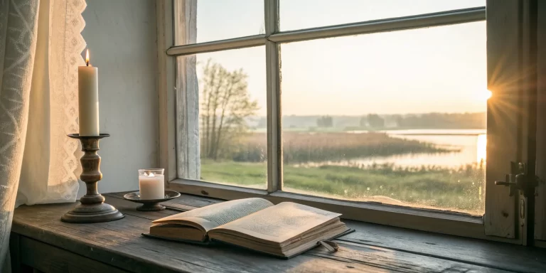 Open ACIM book showing one of the daily lessons on a table during a peaceful sunrise.