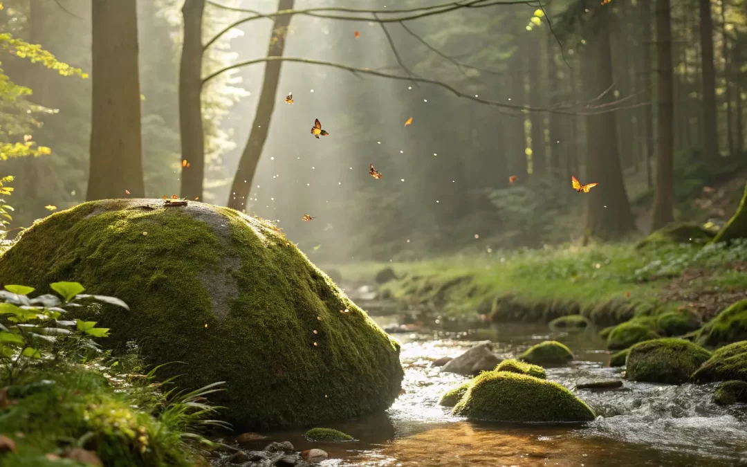 A peaceful forest with sunlight filtering through, a path to heal from religious trauma.