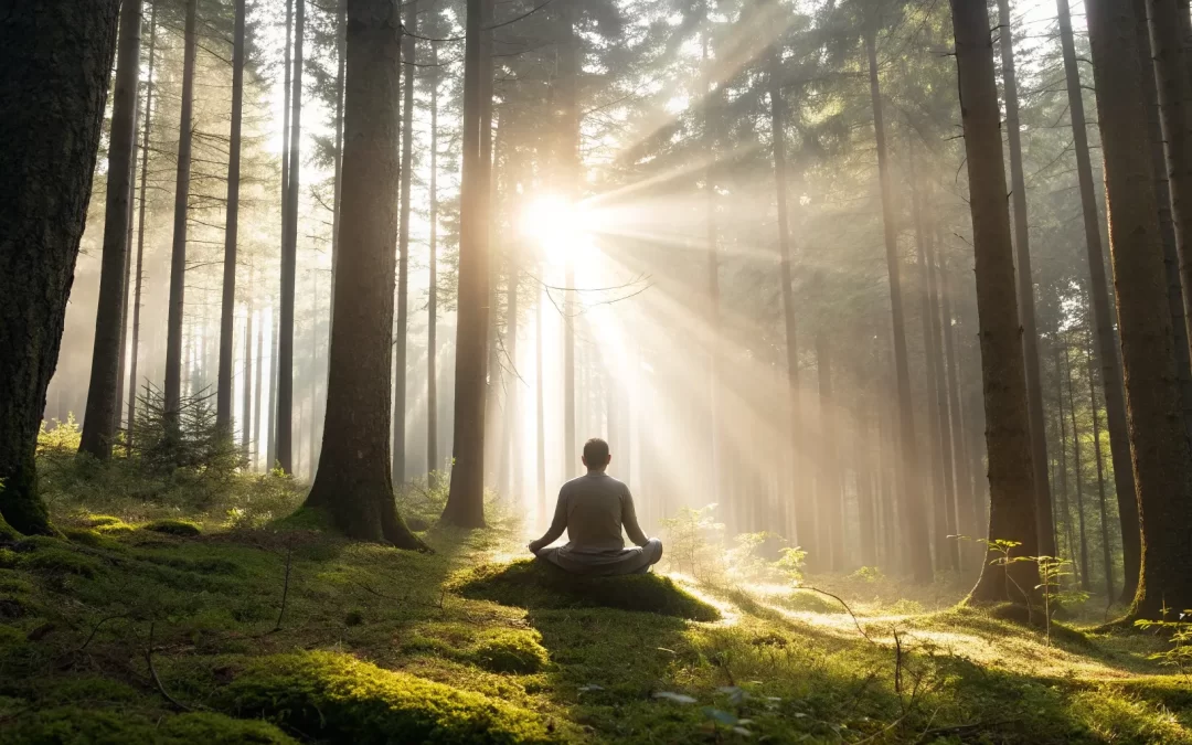 Person meditating in a sunlit forest, a real path to healing after religious trauma.