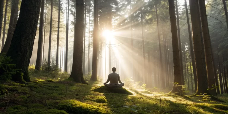Person meditating in a sunlit forest, a real path to healing after religious trauma.