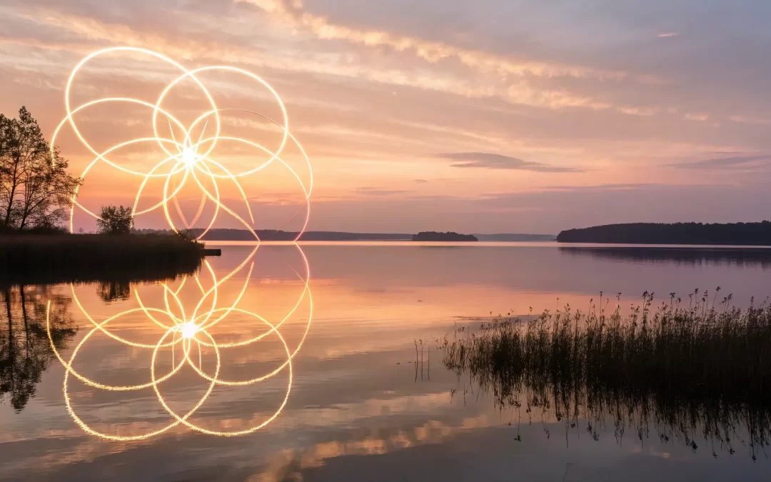 Intertwined lights over a lake representing the divine connection of quantum entanglement and God.