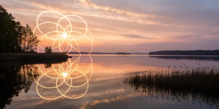 Intertwined lights over a lake representing the divine connection of quantum entanglement and God.