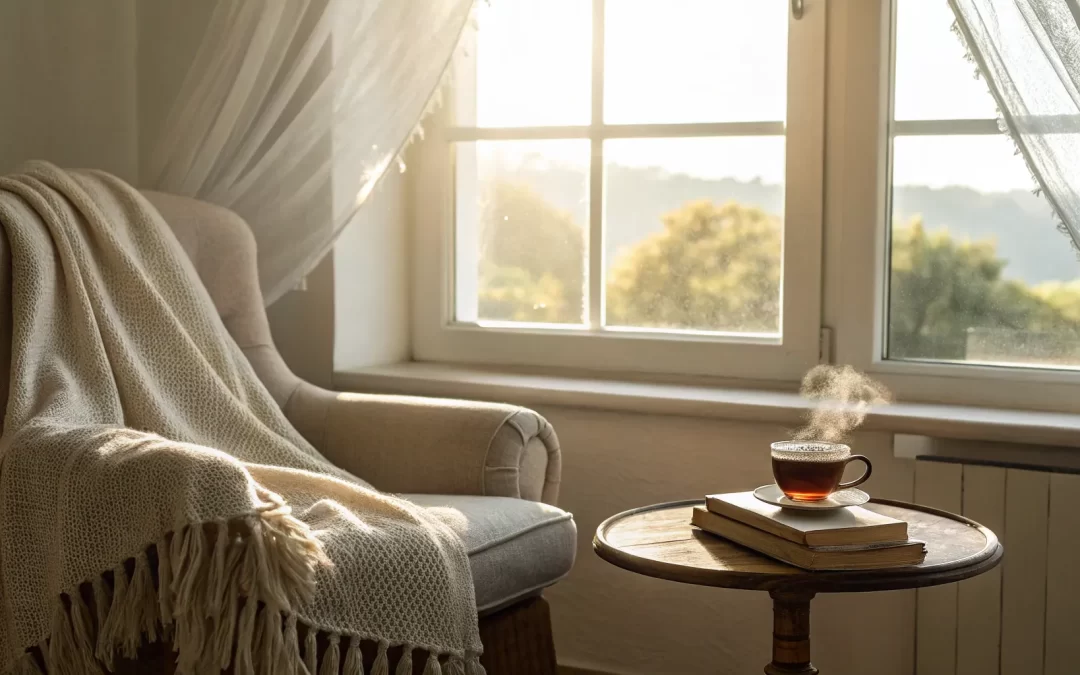 Cozy armchair and tea set up to study the ACIM lesson for today.