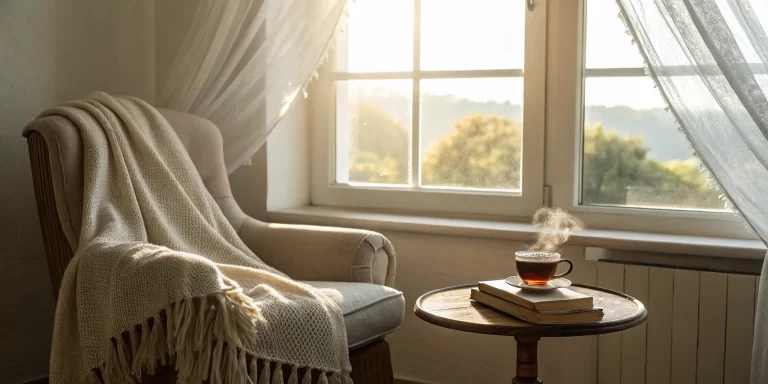 Cozy armchair and tea set up to study the ACIM lesson for today.