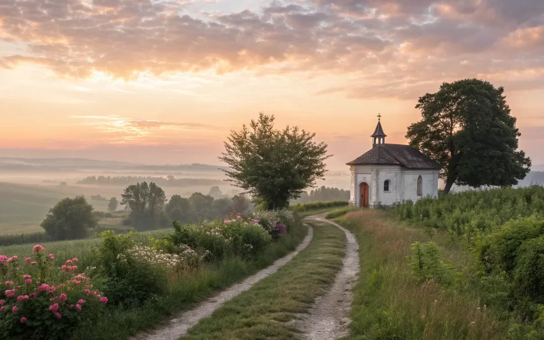 Sunrise over a rural church, a path toward healing from evangelical trauma.