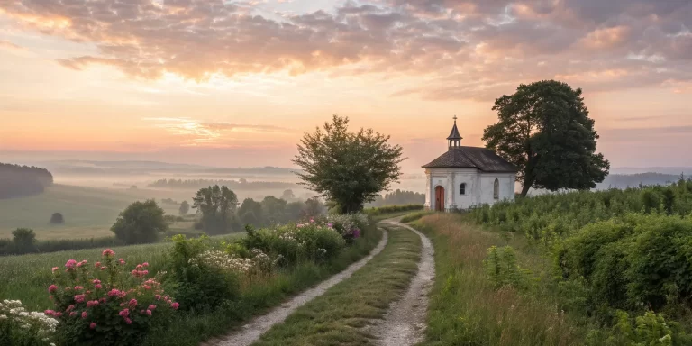 Sunrise over a rural church, a path toward healing from evangelical trauma.