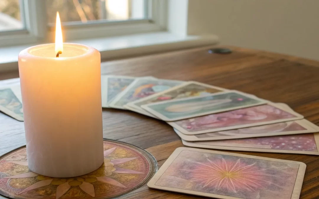 A Course in Miracles daily lesson cards on a wooden table with a lit candle for spiritual practice.