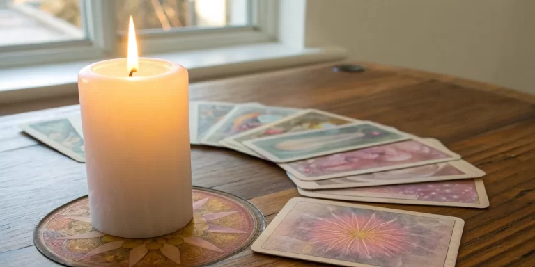 A Course in Miracles daily lesson cards on a wooden table with a lit candle for spiritual practice.