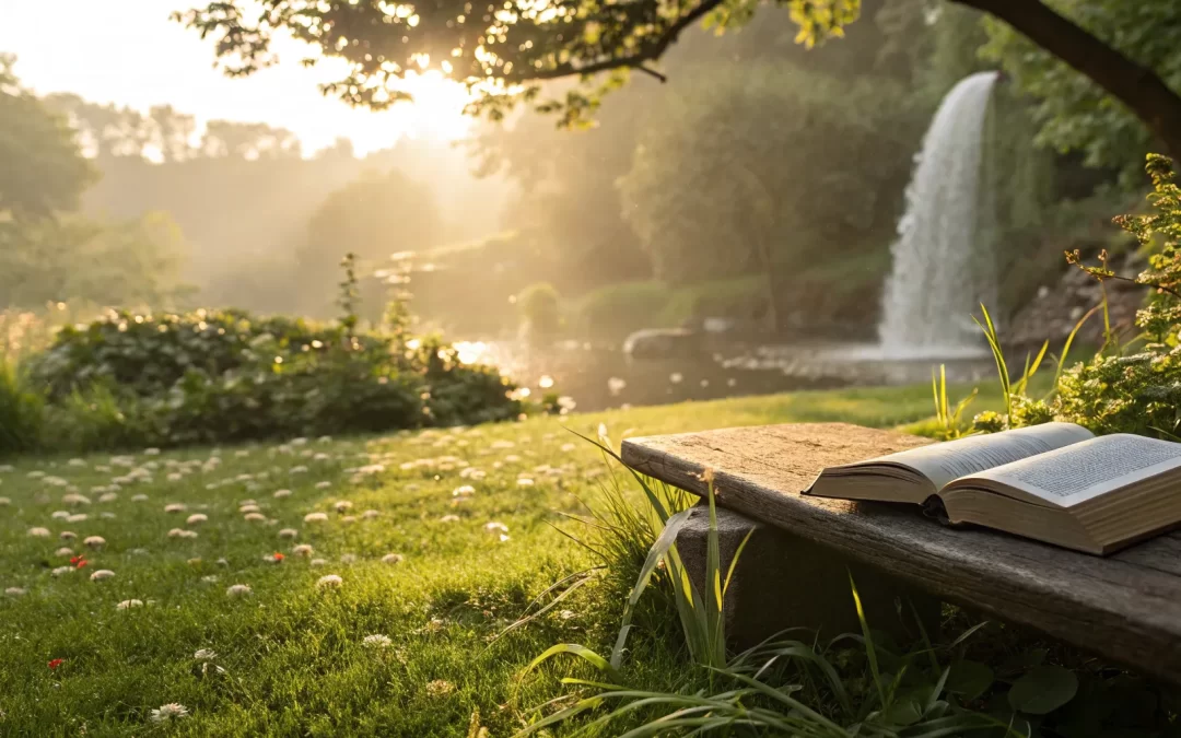 A Course in Miracles workbook for students open on a garden bench for daily practice.
