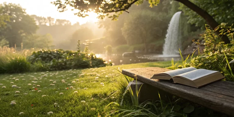 A Course in Miracles workbook for students open on a garden bench for daily practice.