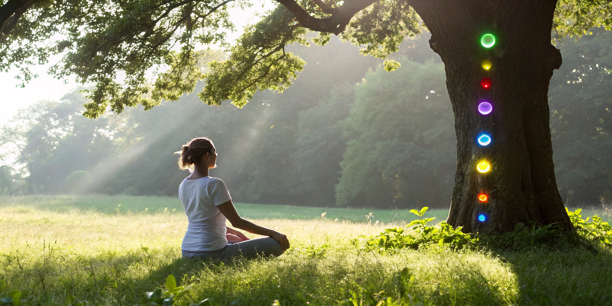 Woman meditating as her body glows with the colors of a full chakra alignment.