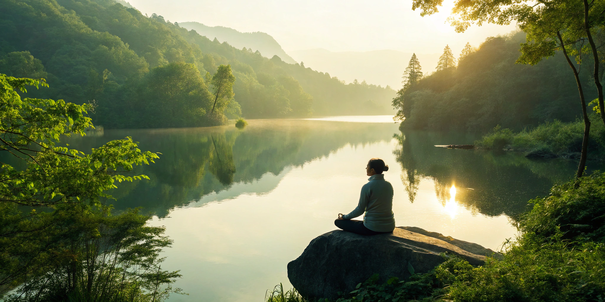 A person practicing god state meditation by a lake to manifest their intentions.