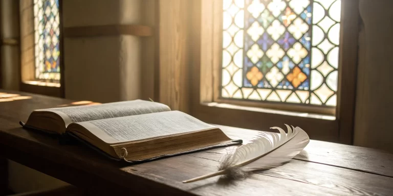 Open Bible and quill prepared for metaphysical interpretation and spiritual growth.