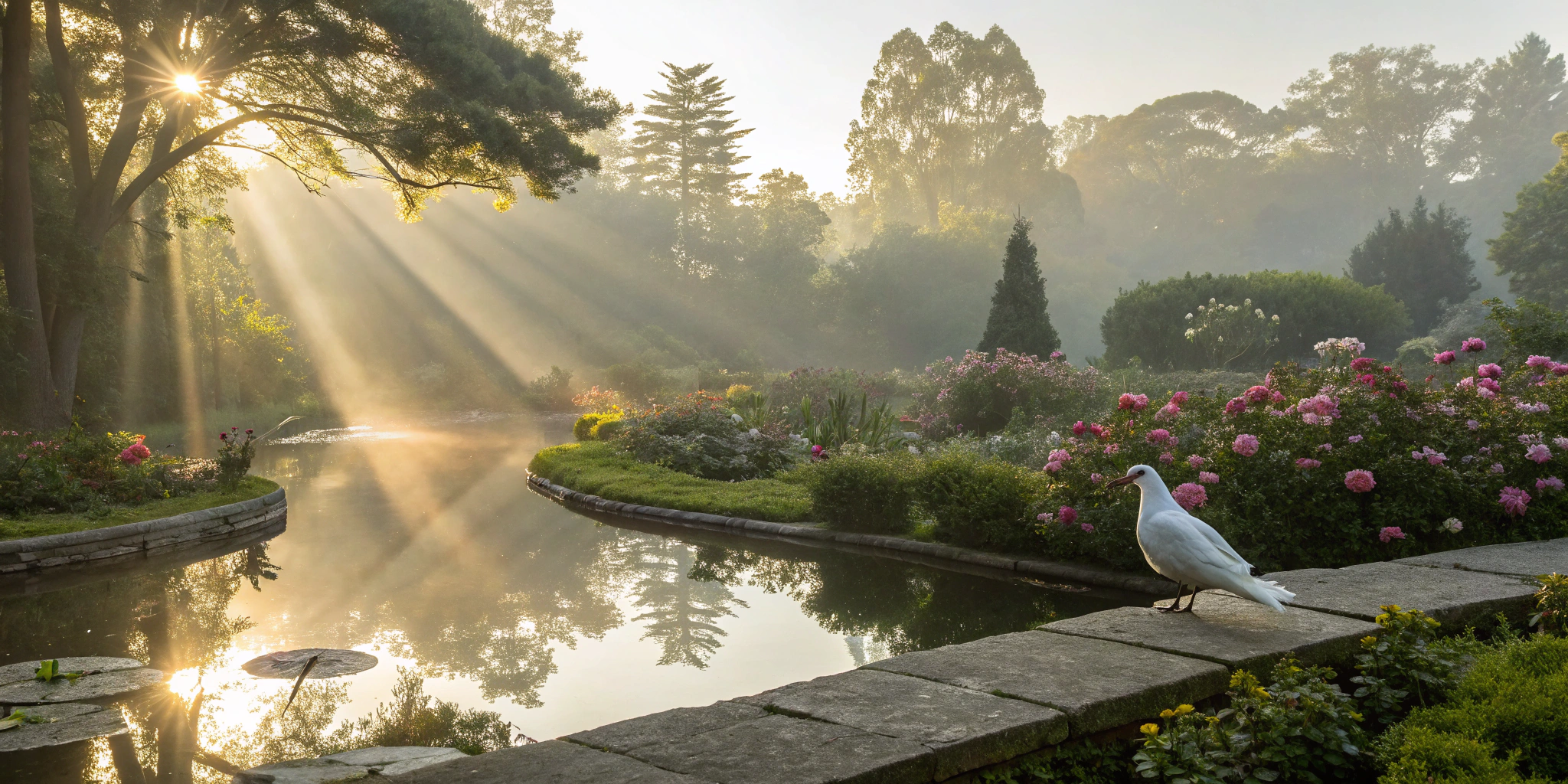 A sunlit garden pond creating a serene space for practicing affirmative prayer.