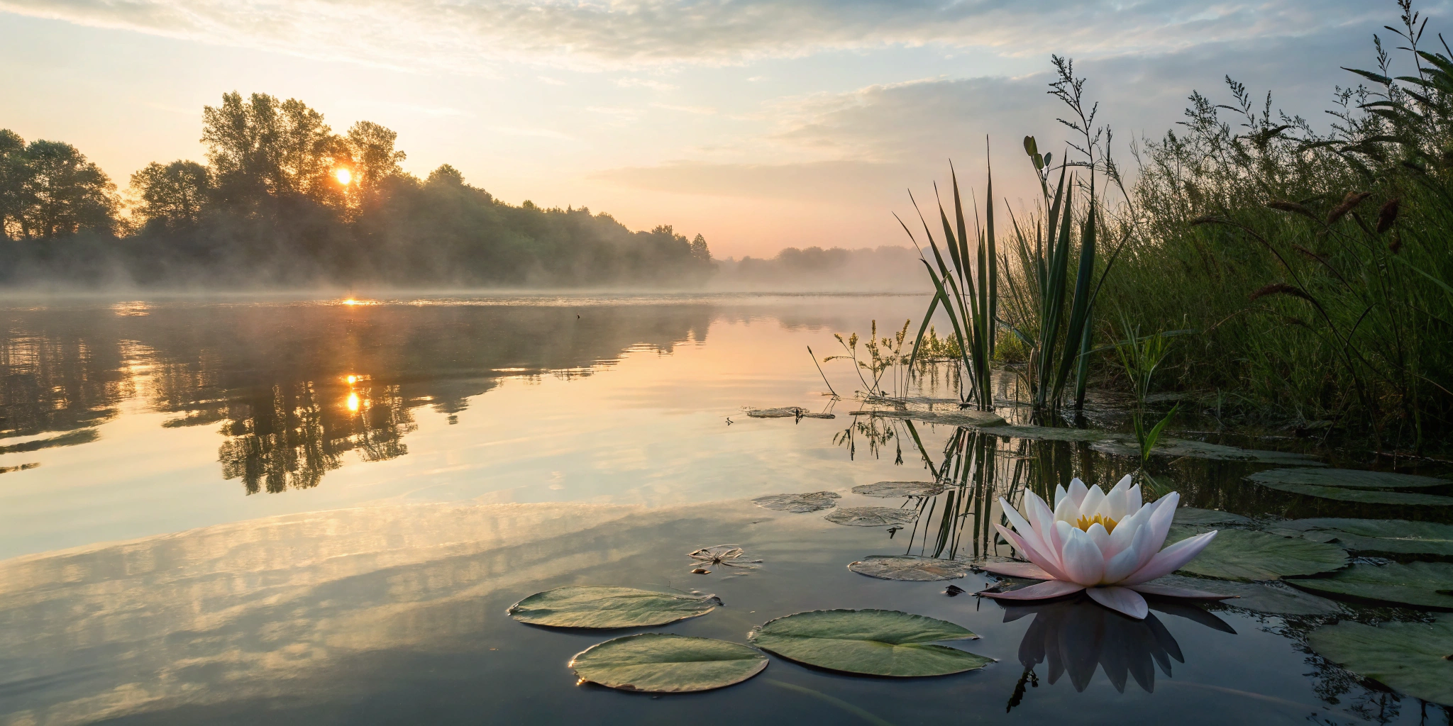 A blooming lotus on a misty lake at sunrise, a journey through the stages of spiritual awakening.
