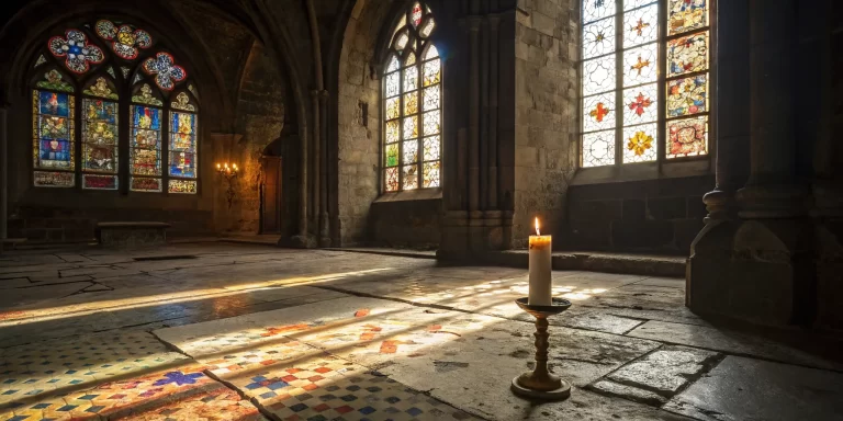 A single candle burns in a dim church, exploring the causes of religious trauma.