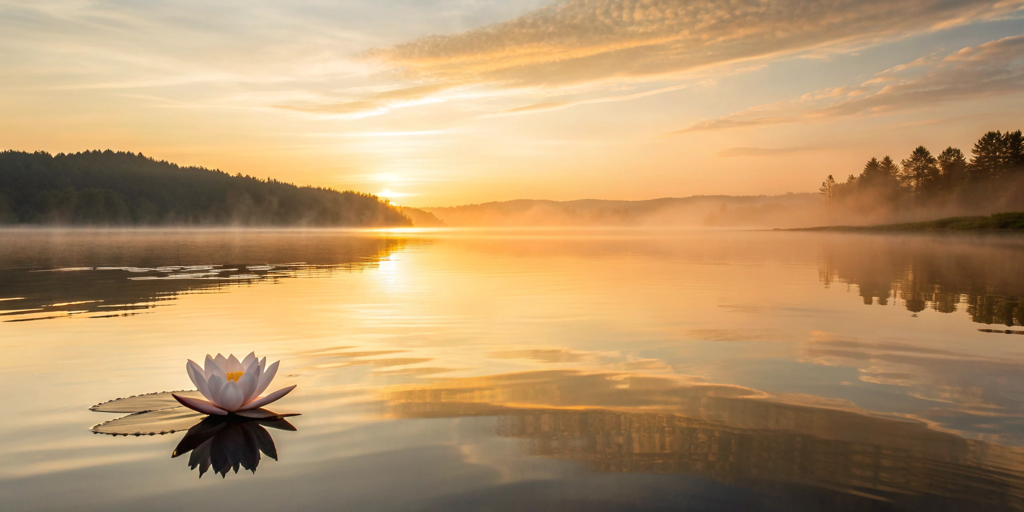 A peaceful sunrise over a lake, reflecting the truth that only God is good.