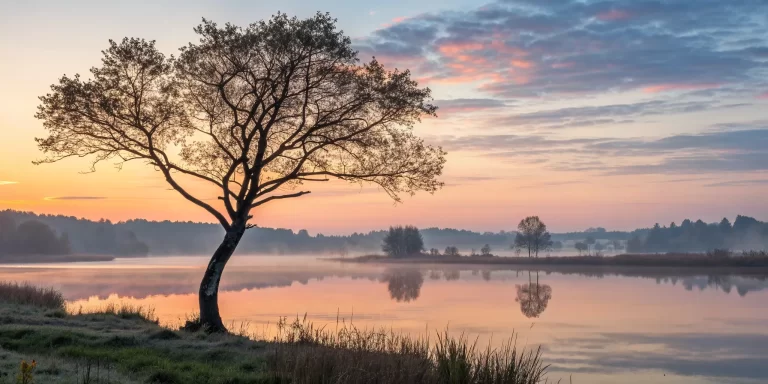 A peaceful sunrise over a misty lake, a quiet moment for contemplative Christianity.