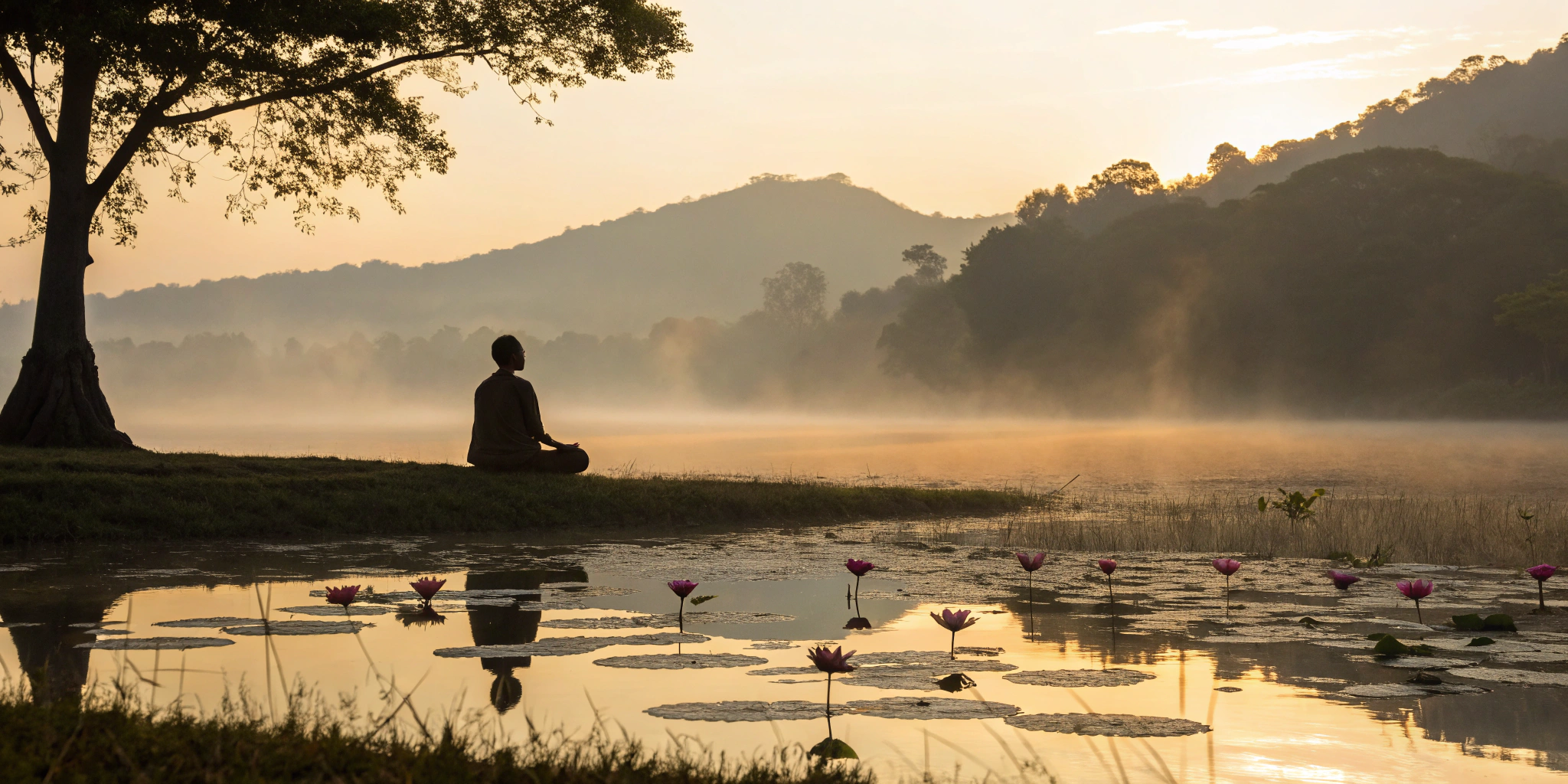 A person meditating by a peaceful lake at sunrise for spiritual healing.