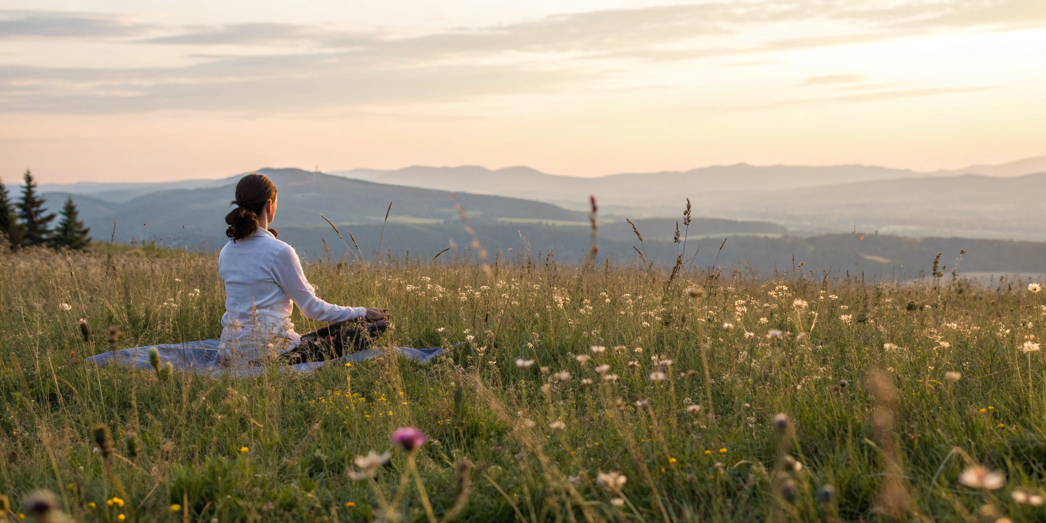 Woman meditating at sunrise, embracing the holistic healing and self-awareness of spiritual psychology.