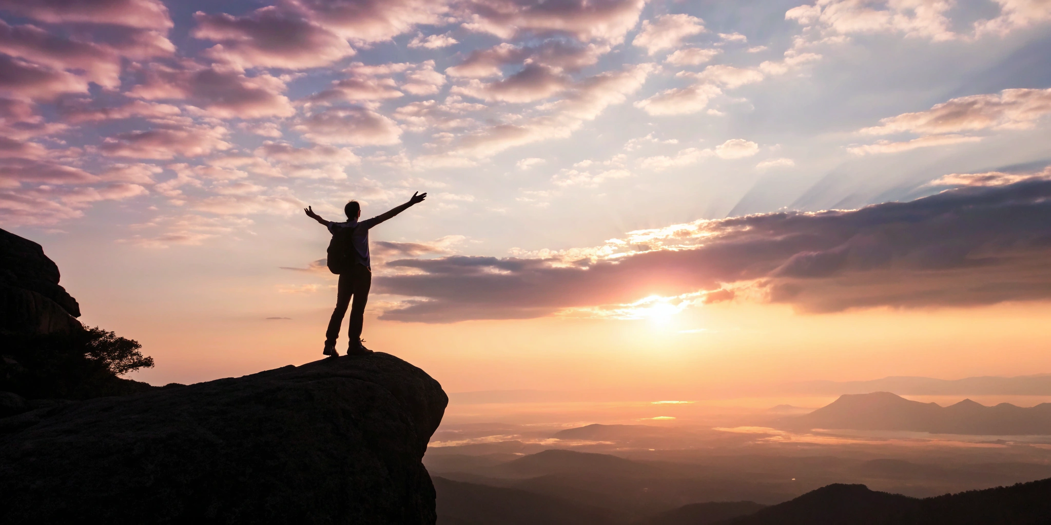 A person on a mountain embraces the sunrise, finding spiritual freedom from shame.