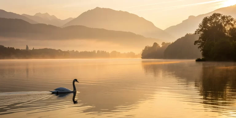 A serene swan on a misty lake at sunrise, a peaceful moment to get closer to God.
