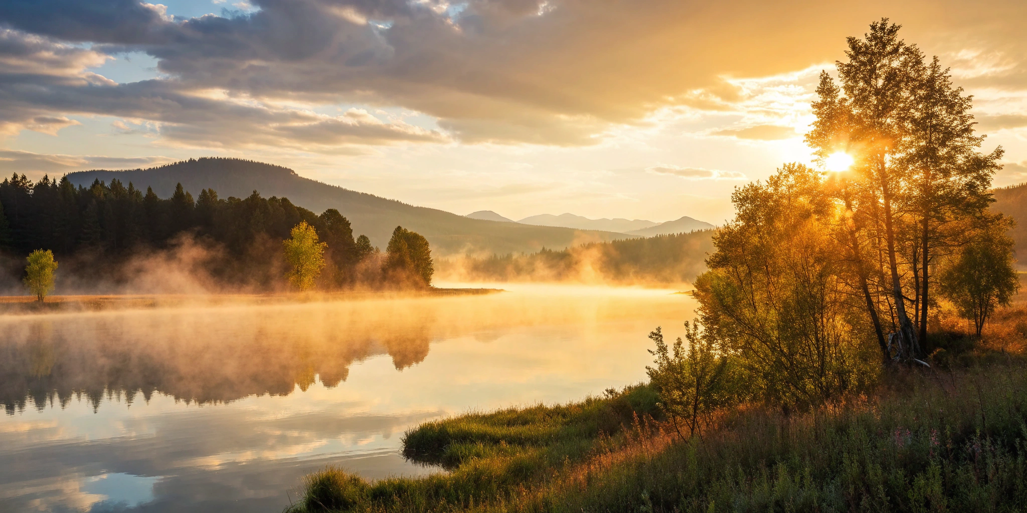 Sunrise over a misty lake, a reflection of a nonbinary God's divine wholeness.