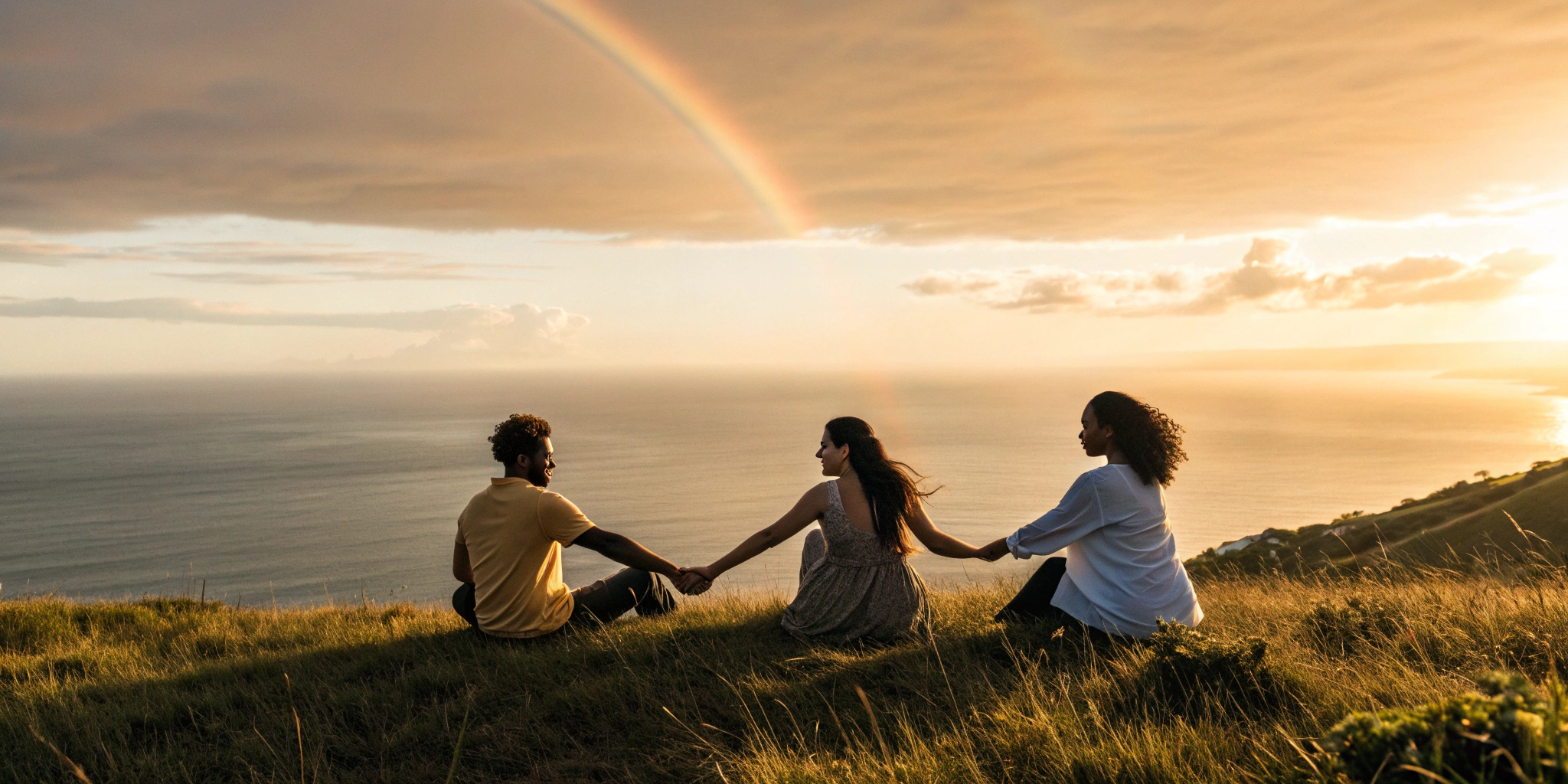 A rainbow over people holding hands, a promise from the Bible that God loves the gays.