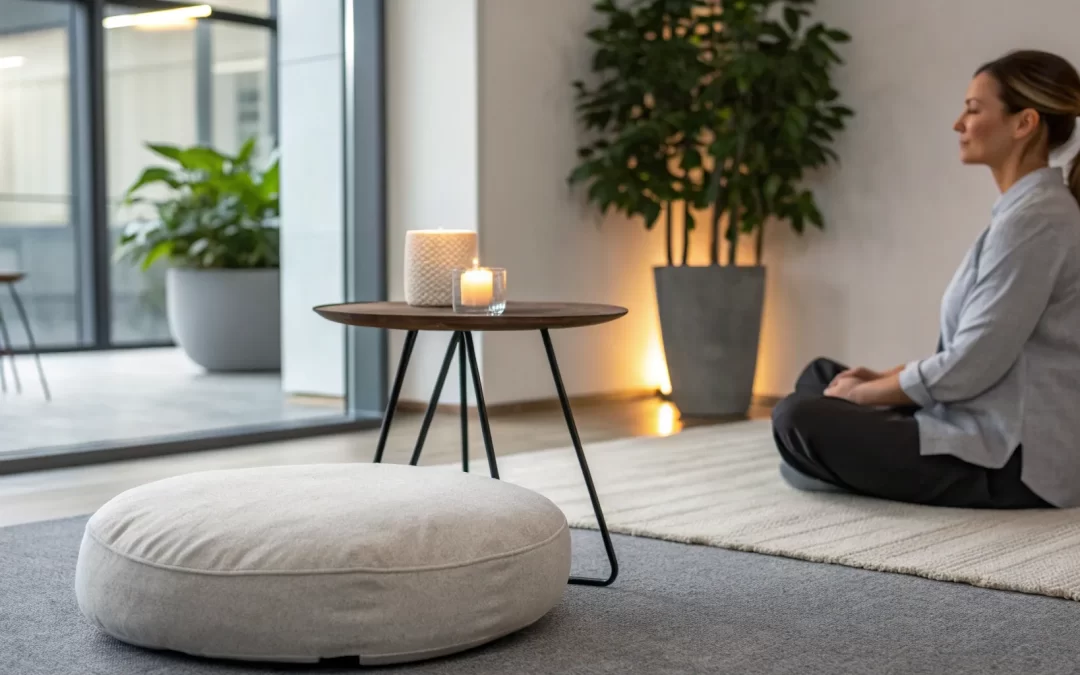 Woman using a guided meditation for miracles in a calm, sacred space.