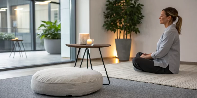 Woman using a guided meditation for miracles in a calm, sacred space.