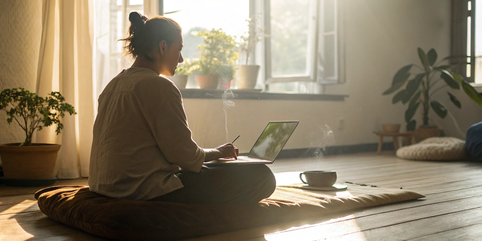 Woman on her laptop searching for how to find a spiritual mentor online.