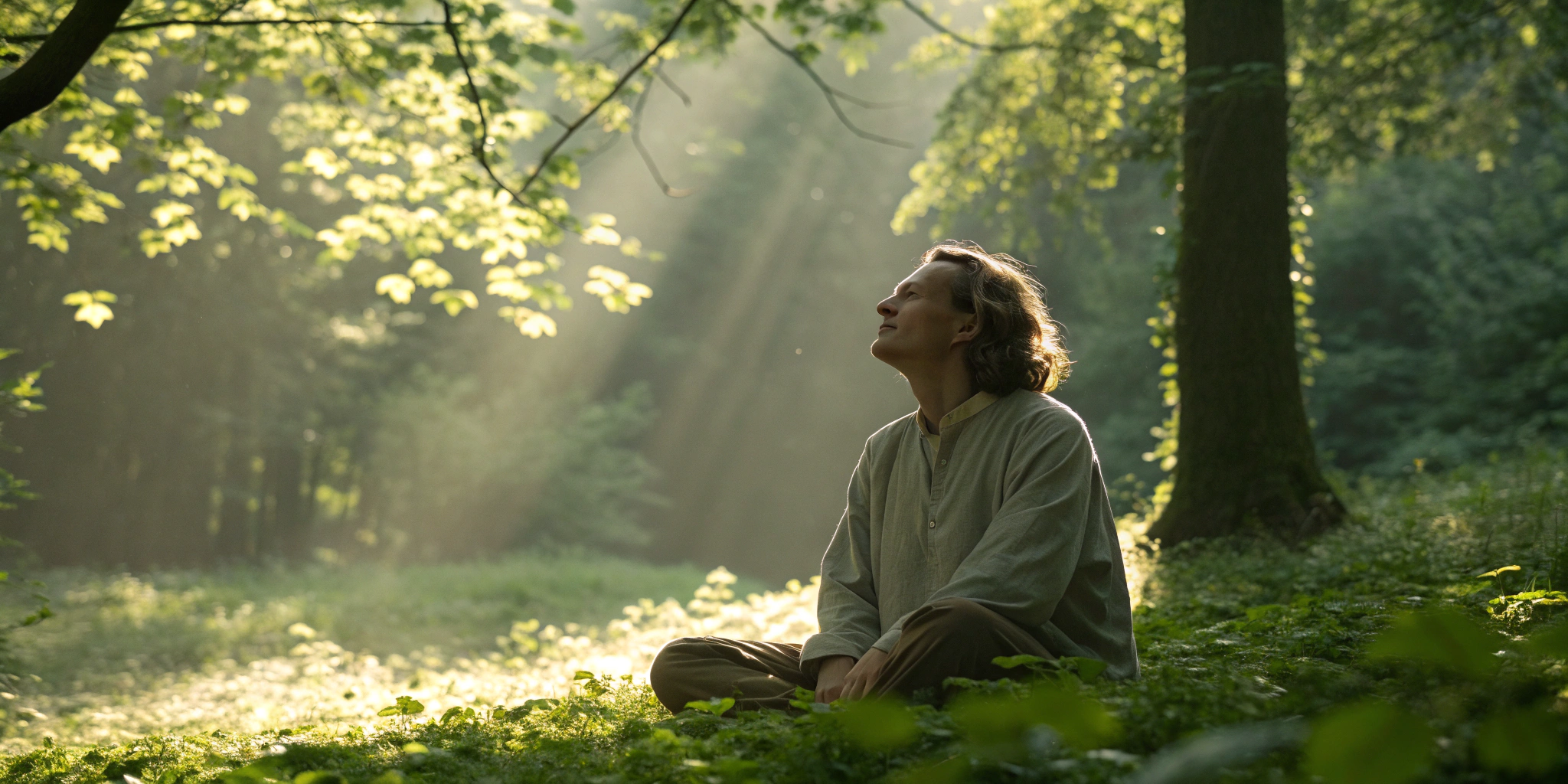 A person meditates in a forest, a practice for how to heal religious trauma and find peace.