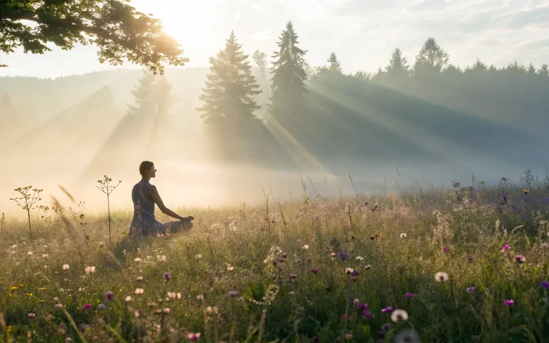 A person in a sunlit field peacefully channeling the Holy Spirit.