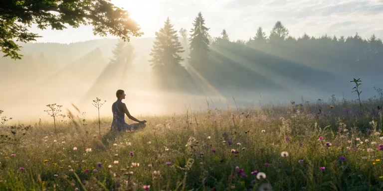 A person in a sunlit field peacefully channeling the Holy Spirit.