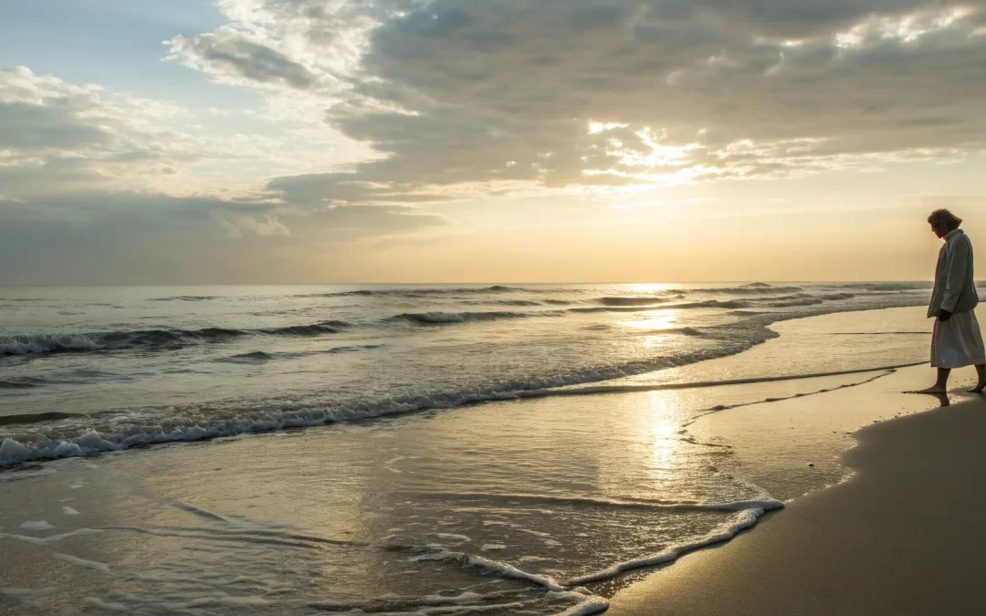 A solitary person on a beach at sunrise, reflecting on bible verses for inner healing.