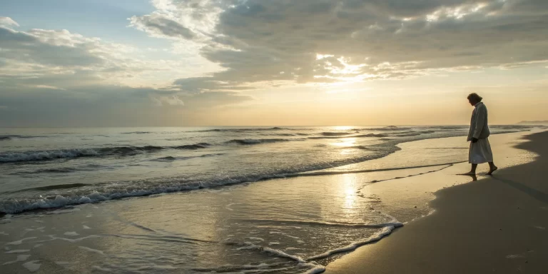 A solitary person on a beach at sunrise, reflecting on bible verses for inner healing.
