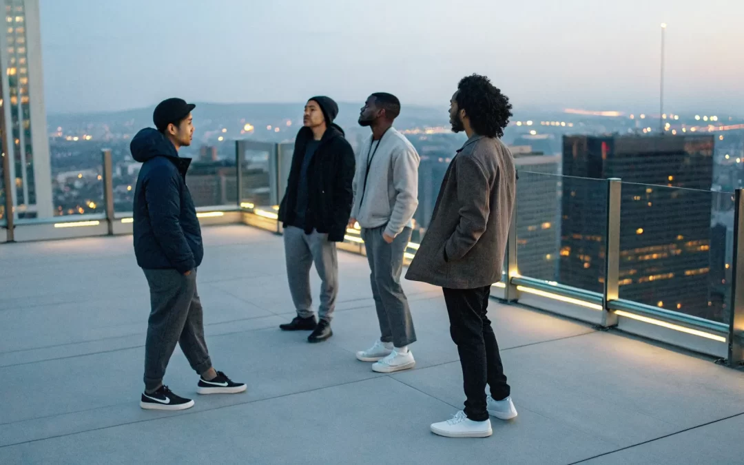 Four men on a rooftop showing spiritual unity from a one mind verse.