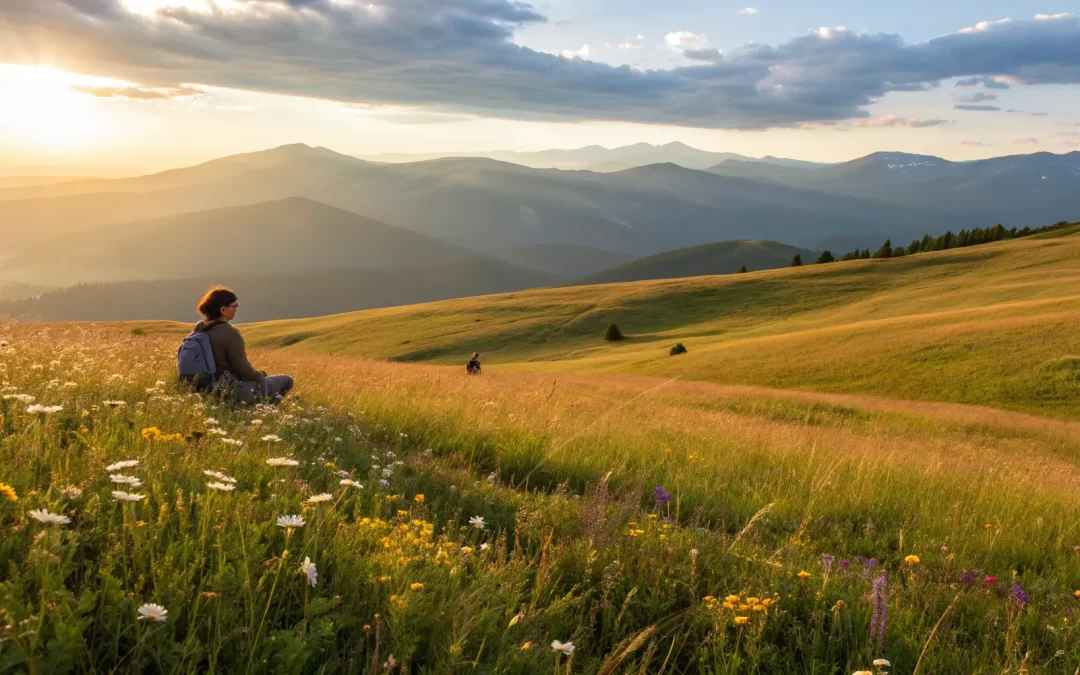 A person meditating in a mountain meadow at sunrise to clear spiritual blockages.