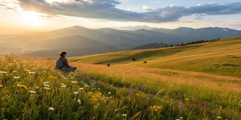 A person meditating in a mountain meadow at sunrise to clear spiritual blockages.