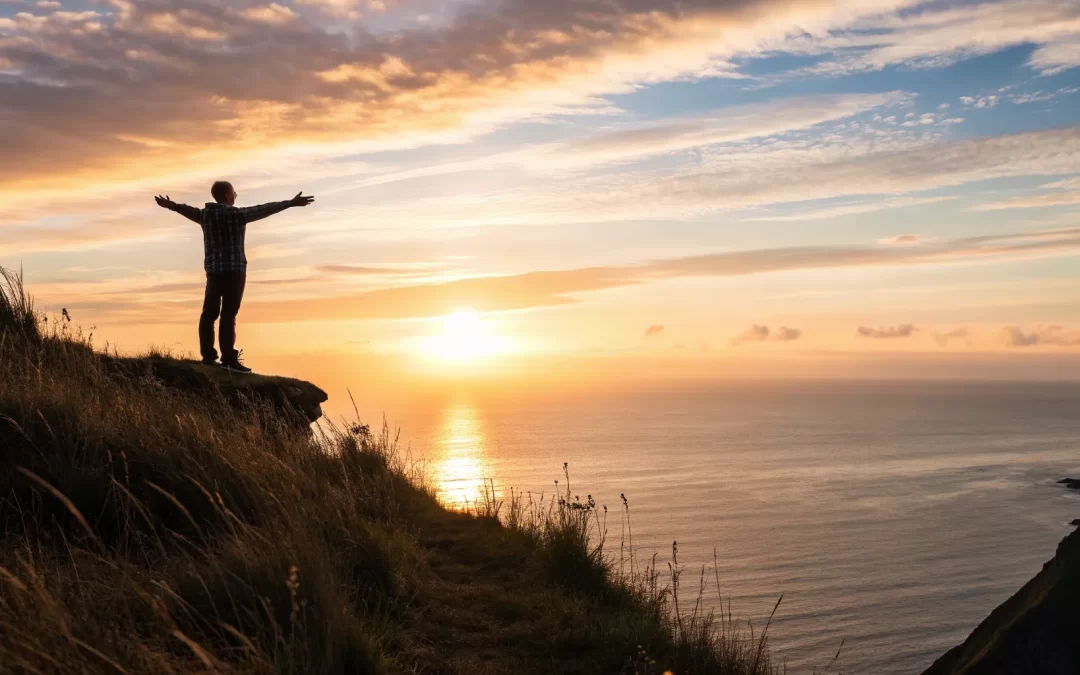 Person with open arms on a cliff at sunrise, finding a spiritual connection over the ocean.
