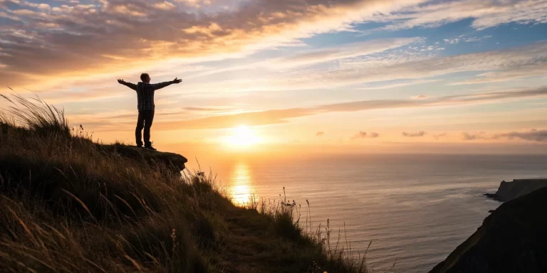 Person with open arms on a cliff at sunrise, finding a spiritual connection over the ocean.