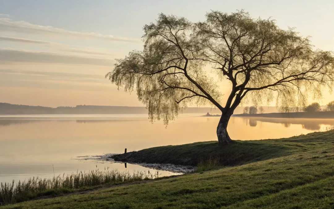 A serene tree by a lake at sunrise, a peaceful setting for deepening a spiritual connection.