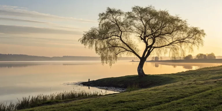 A serene tree by a lake at sunrise, a peaceful setting for deepening a spiritual connection.