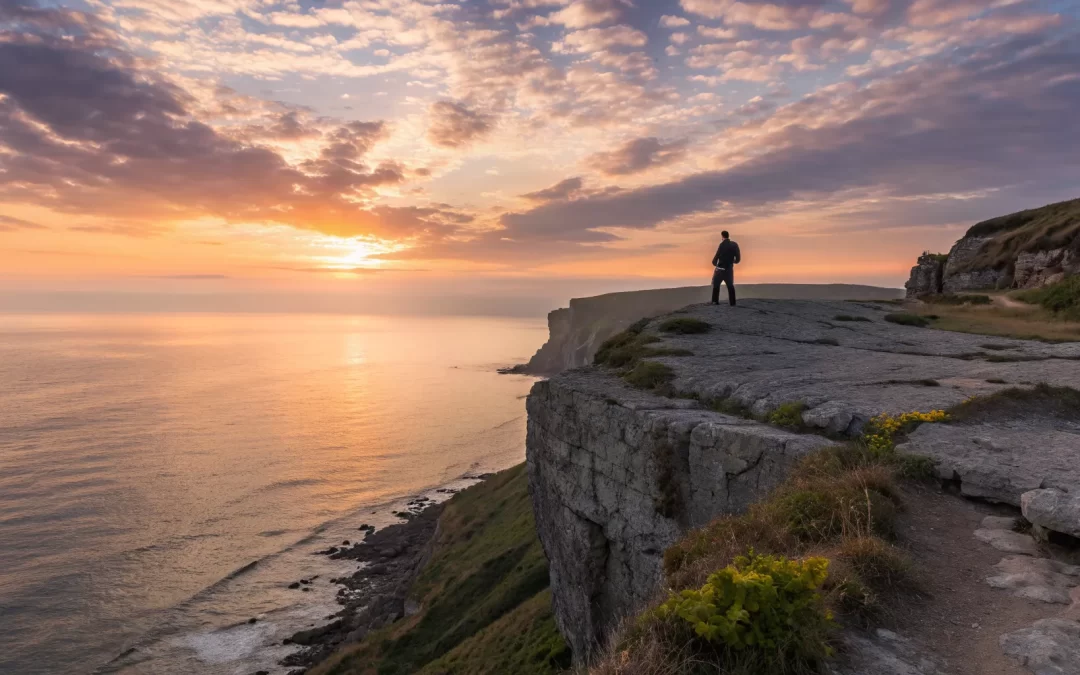 Person on a cliff at sunrise taking a spiritual step to get closer to God.