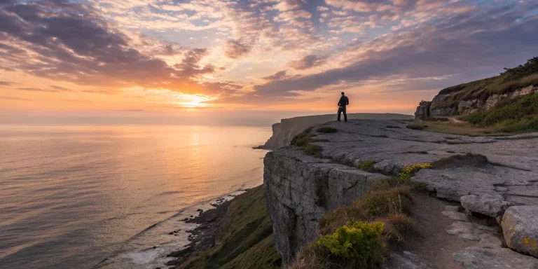 Person on a cliff at sunrise taking a spiritual step to get closer to God.