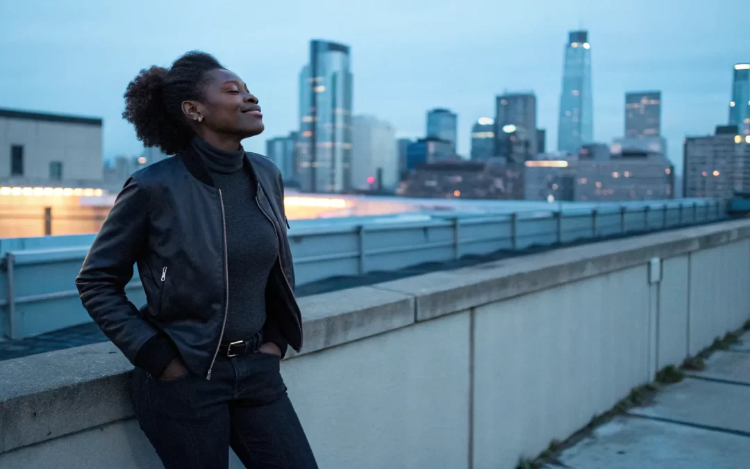 Woman peacefully reflecting on a rooftop at dusk, restoring her relationship with God.