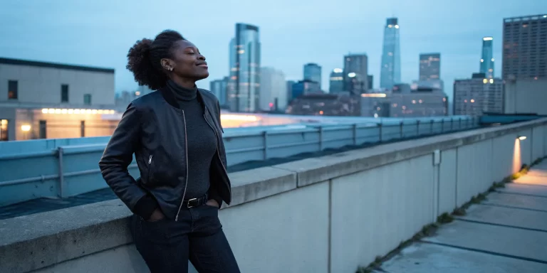 Woman peacefully reflecting on a rooftop at dusk, restoring her relationship with God.